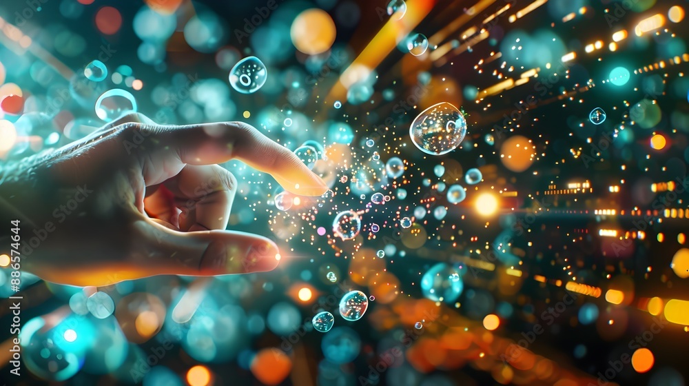 Poster digital flow of coding bubbles touched by futuristic fingers