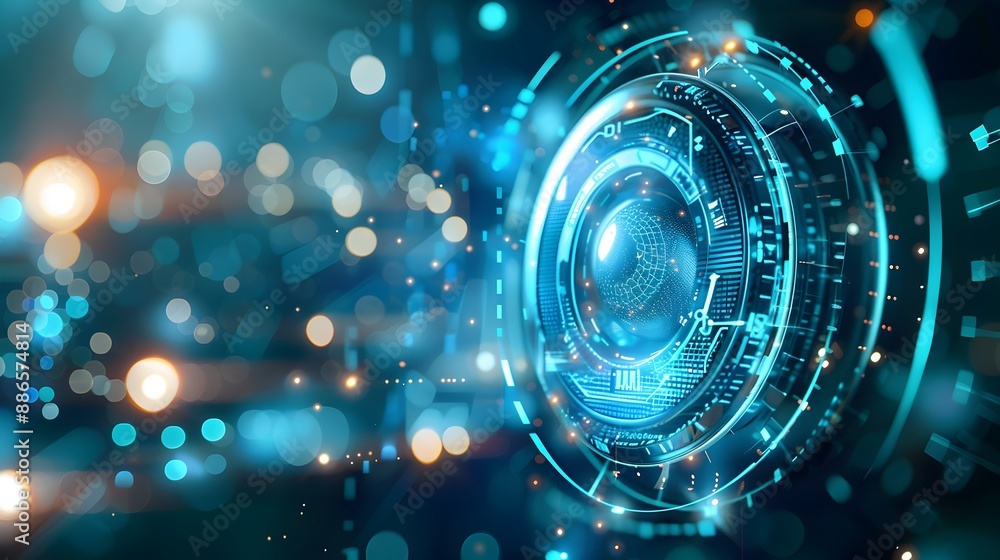 Poster futuristic blue digital technology and cyber security concept with glowing circuits and data element