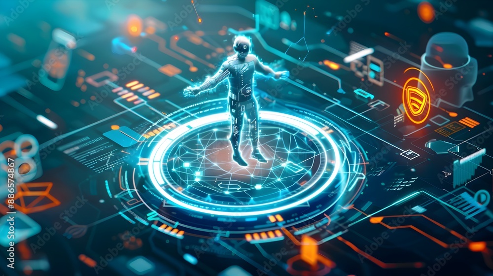 Poster cybersecurity it support minimalist icon hologram digital technology network data protection futuris
