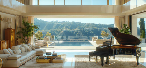 Fototapeta premium Luxurious living room with designer furniture, a grand piano, and a stunning view through floor-to-ceiling windows. Generative AI.