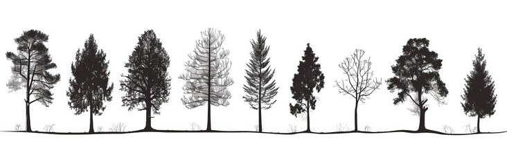 Fototapeta premium Modern illustration of pine trees silhouettes in a coniferous forest. Set of isolated, set photos.
