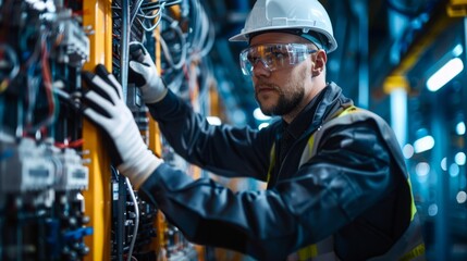 A technician wearing safety glasses and a hard hat meticulously adjusts wires in a complex industrial control panel, working diligently to ensure the smooth operation of machinery