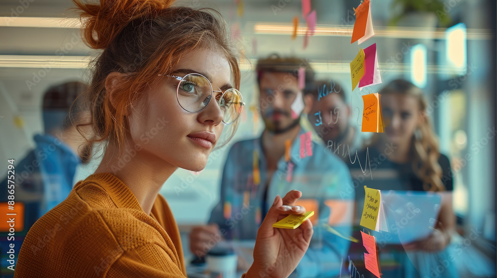 Aufkleber dynamic group of young professionals brainstorming with sticky notes on a glass wall in a modern off