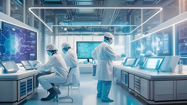 Scientists in hightech lab use advanced systems and technology to analyze data