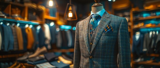 Fototapeta premium Elegant suit on a mannequin in a stylish clothing store, soft lighting