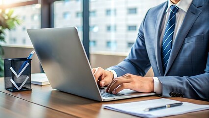 Embrace digital efficiency! This captivating scene features a businessman diligently managing business performance through an online checklist survey on his laptop. The design highlights the convenien