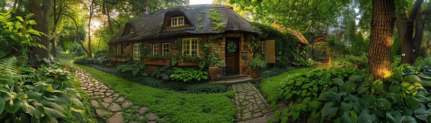 Quaint thatched cottage surrounded by lush garden, fairytale ambiance