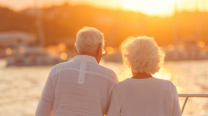Senior couple on a voyage, sailing across calm waters, the sunset casting a golden glow, highlighting their shared sense of adventure and discovery