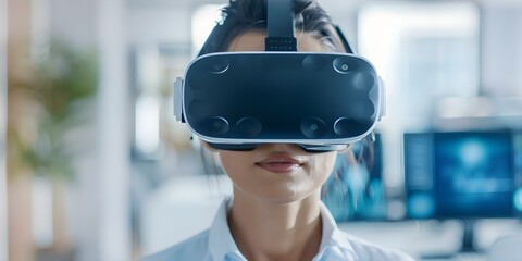 Remote virtual reality work in a corporate office cubicle with digital data overlay. Concept Virtual Reality, Remote Work, Corporate Office, Digital Data, Cubicle