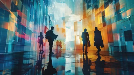 Dynamic silhouettes of employees engaged in audit work with an abstract background. The figures are in various active poses, such as examining documents, discussing findings, and working on computers.