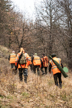 Group of hunters wearing orange safety vests walking through the autumn forest. The men are equipped with rifles and outdoor gear, preparing for a hunting expedition to boars.