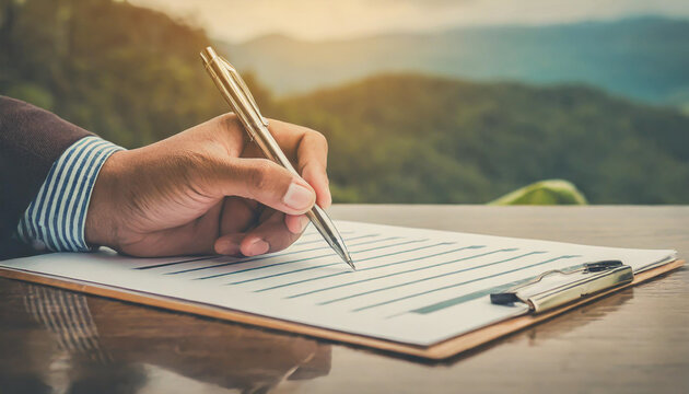 Close- up hand holding pen on check list paper and the format for filling in information in business concept,vintage style and softtone.