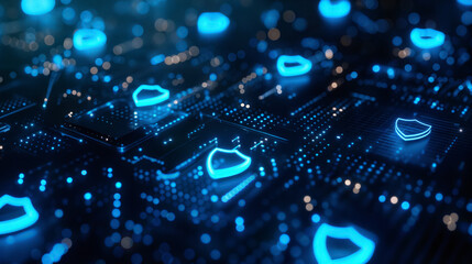 Obraz premium Glowing blue shields on a digital grid. Cybersecurity concept background with copy space.