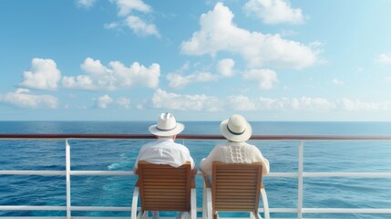 Senior couple taking a cruise vacation, enjoying the ocean views from their private balcony, a luxurious and relaxing getaway