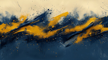 Obraz premium Artistic Fusion of Minimalist and Abstract Expressionism with Basketball Elements, Featuring Navy Blue and Yellow Shapes and Splashes