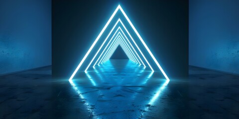 Blue Neon Triangular Portal with Glowing Lines in Virtual Reality Environment. Concept Virtual Reality, Neon Lights, 3D Environment, Blue Portal