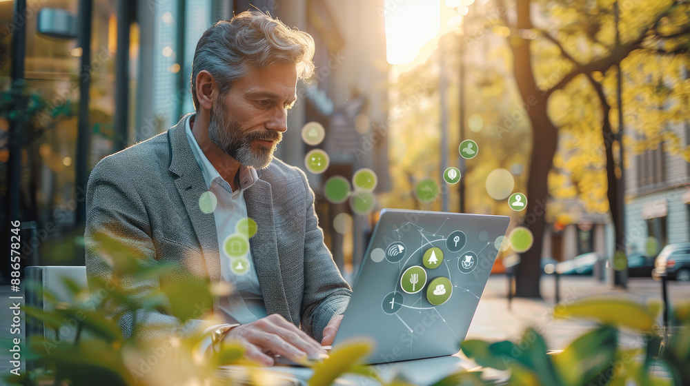 Aufkleber businessman using laptop outside office with environment icon. generative ai.
