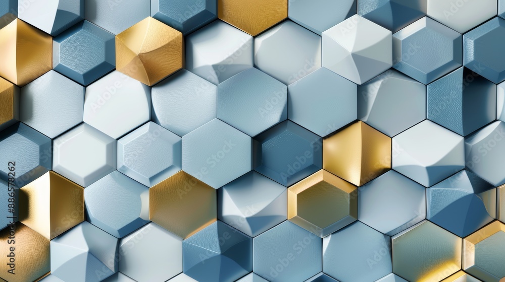 Poster stylish and modern design created by golden and blue hexagons in abstract background
