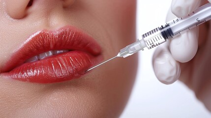 A close-up image capturing the process of a lip injection. This image can be used to showcase cosmetic procedures and beauty enhancements