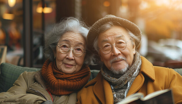 An elderly couple sits outside a cafe, looking at the camera and smiling.