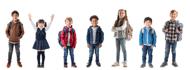Group of diverse kids with school bags isolated
