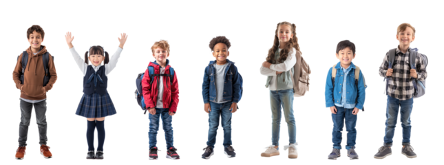 Group of diverse kids with school bags isolated