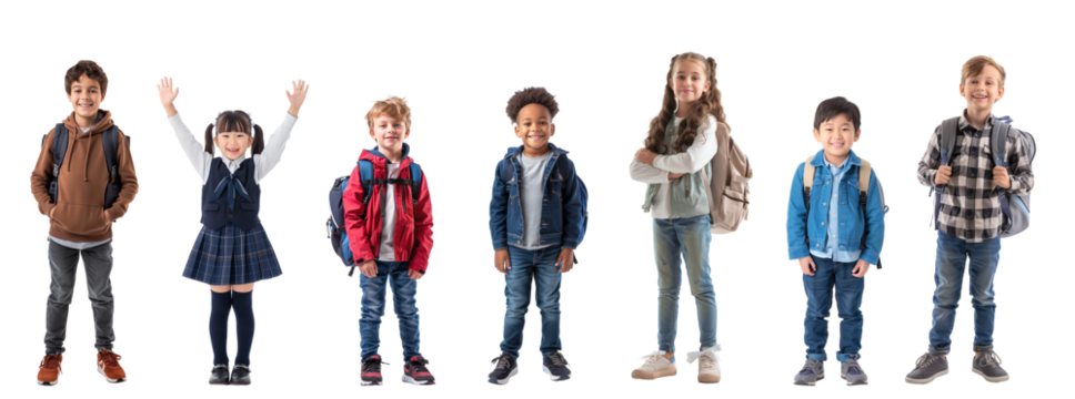 Group of diverse kids with school bags isolated