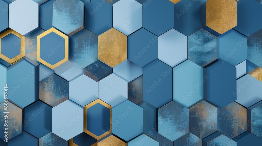 Aufkleber 3d geometric pattern in blue and gold hexagons creating a futuristic backdrop