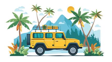 Fototapeta premium Illustration of a yellow off-road vehicle with a tropical background, ideal for adventure and travel themes.