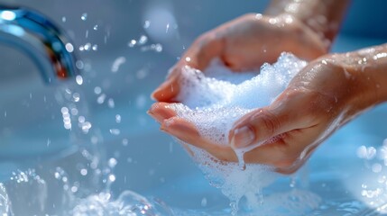 Fototapeta premium Close up of thorough hand washing with soap under running water for optimal hygiene and cleanliness