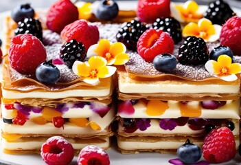 elegant millefeuille dessert delicate pastry cream layers, french, puff, vanilla, flaky, confection, gourmet, decadent, sweet, treat, exquisite, fine, intricate, cake