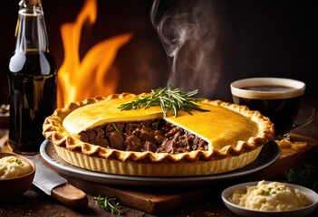 delicious steaming beef guinness pie plate golden crust savory filling, cooked, homemade, traditional, british, cuisine, meat, gravy, pastry, hot, tasty