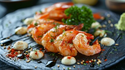 The national cuisine of Japan. An appetizer of fragrant shrimp with Japanese mayonnaise.