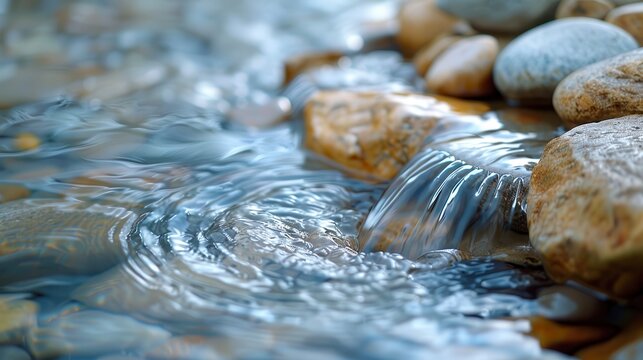 Closeup of water flow over smooth rocks in a tranquil river stream - Powered by Adobe