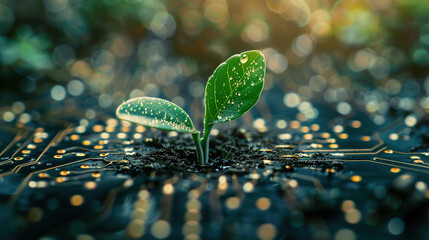 a plant growing in circuit board of and sparkling light background, symbolizing the fusion of nature and technology 