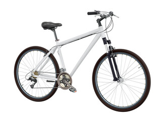 Fototapeta premium White bicycle, side front view. Black leather saddle and handles. Png clipart isolated on transparent background