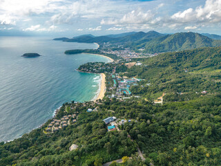 vertical aerial view of the beautiful 3 beaches of Kata, Kata Noi, and Karon Beach viewpoint at Phuket, Thailand.