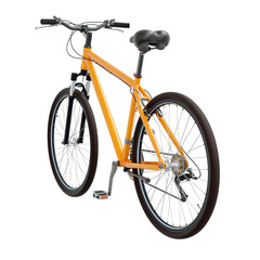 Obraz premium Orange bicycle, side back view. Black leather saddle and handles. Png clipart isolated on transparent background