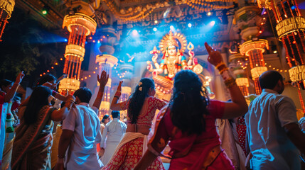 Navratri festival, people wearing traditional clothes dance cheerfully around the Durga statue, Ai generated Images