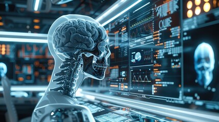 In action, a futuristic AI-driven medical diagnosis system, robot. Generative AI.