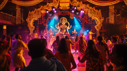 Navratri festival, people wearing traditional clothes dance cheerfully around the Durga statue, Ai generated Images
