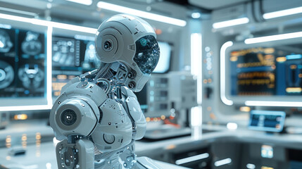 In action, a futuristic AI-driven medical diagnosis system, robot. Generative AI.