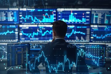 Business analyst deep in concentration, analyzing intricate blue graphs of stock market trends, surrounded by screens displaying real-time financial data.