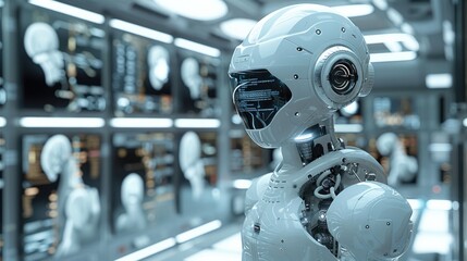 In action, a futuristic AI-driven medical diagnosis system, robot. Generative AI.