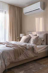 Modern air conditioner on modern bedroom wall cooling whole room, interior design close up detail.