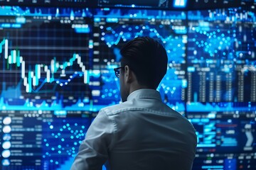 Business analyst deep in concentration, analyzing intricate blue graphs of stock market trends, surrounded by screens displaying real-time financial data.