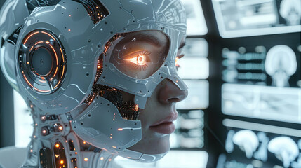 In action, a futuristic AI-driven medical diagnosis system, robot. Generative AI.