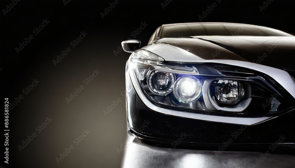 Wall mural detail on one of the led headlights modern car on black background,