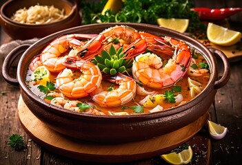 sizzling gambas ajillo clay pot spices rustic wooden table, cooking, shrimp, garlic, appetizer, spanish, cuisine, seafood, traditional, mediterranean, tasty,