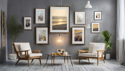 different size framed photos hanging on the gray wall.